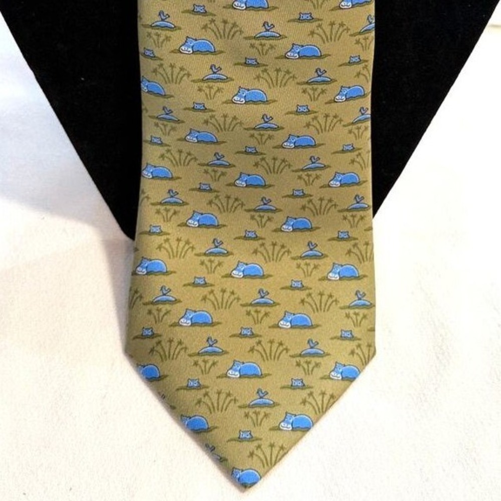 Vintage Hermes Happy Hippos Novelty Motif Tie 100% Silk c. early-mid 1990's